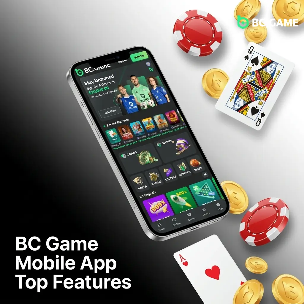 BC Game mobile app features including crypto payments, live casino, sports betting, and VIP rewards for India players