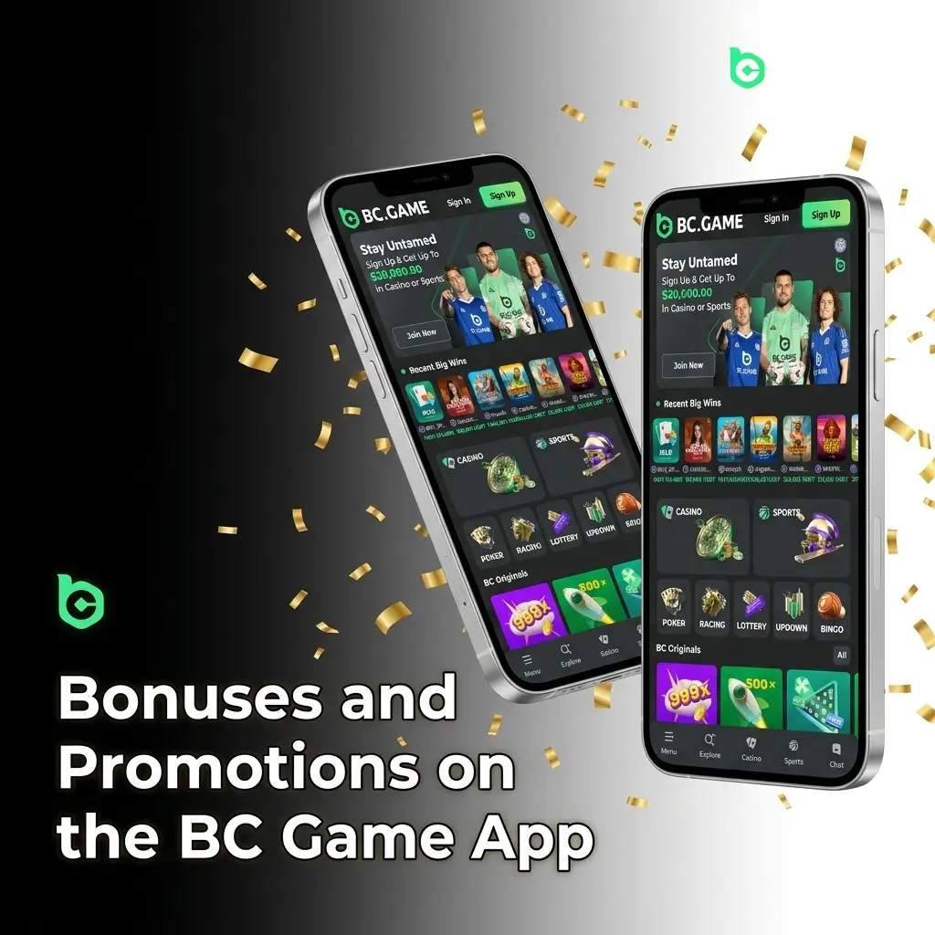 BC Game app welcome bonus with 120% deposit match, Free Spins, Free Bets, and ongoing promotions for players