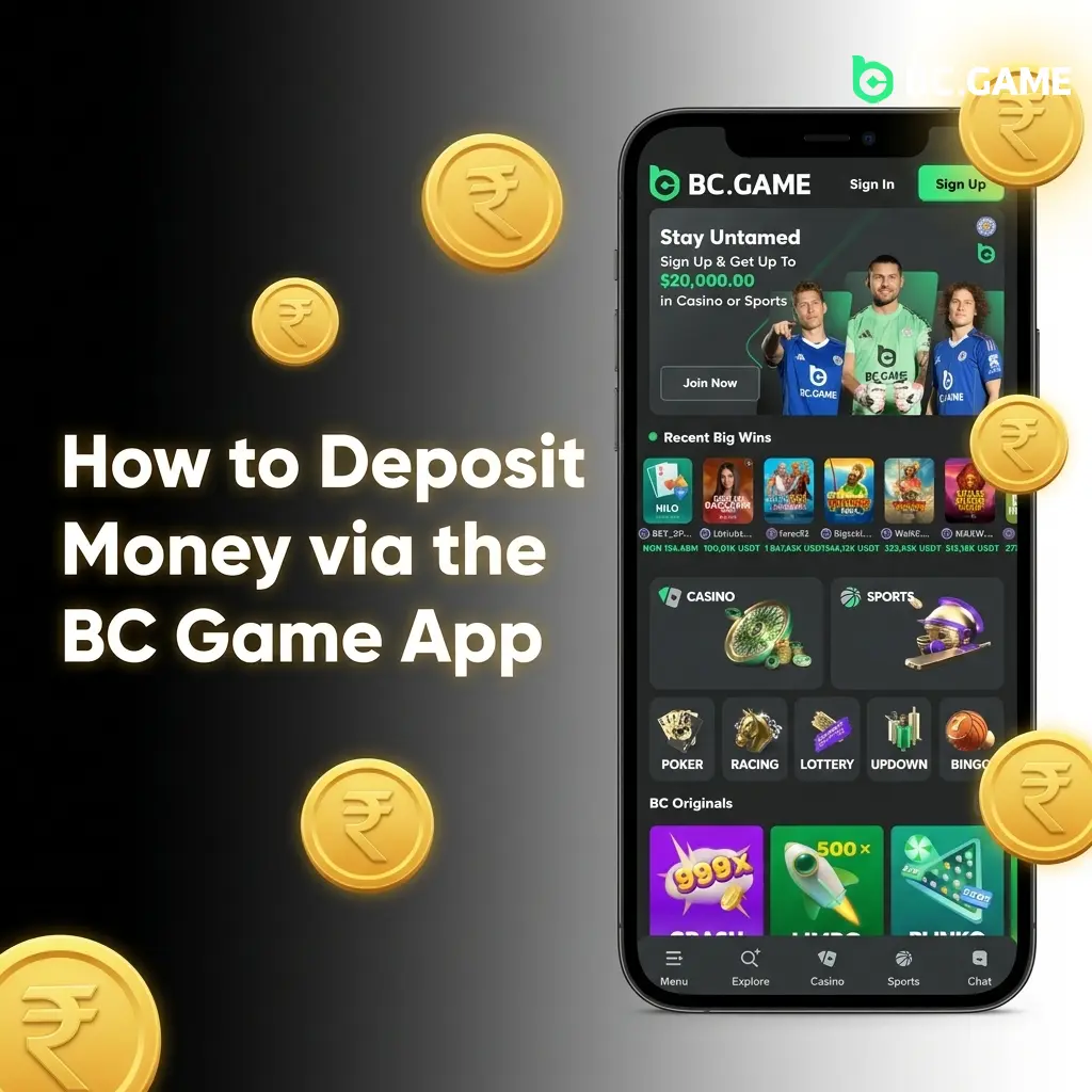 BC Game app deposit methods for India players showing UPI, PhonePe, Google Pay, Paytm and crypto options