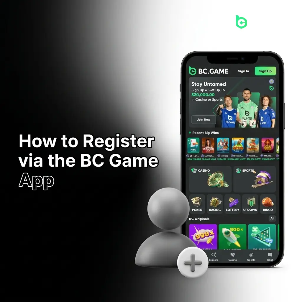 BC Game app registration steps showing sign up form with email, currency selection, and promo code fields