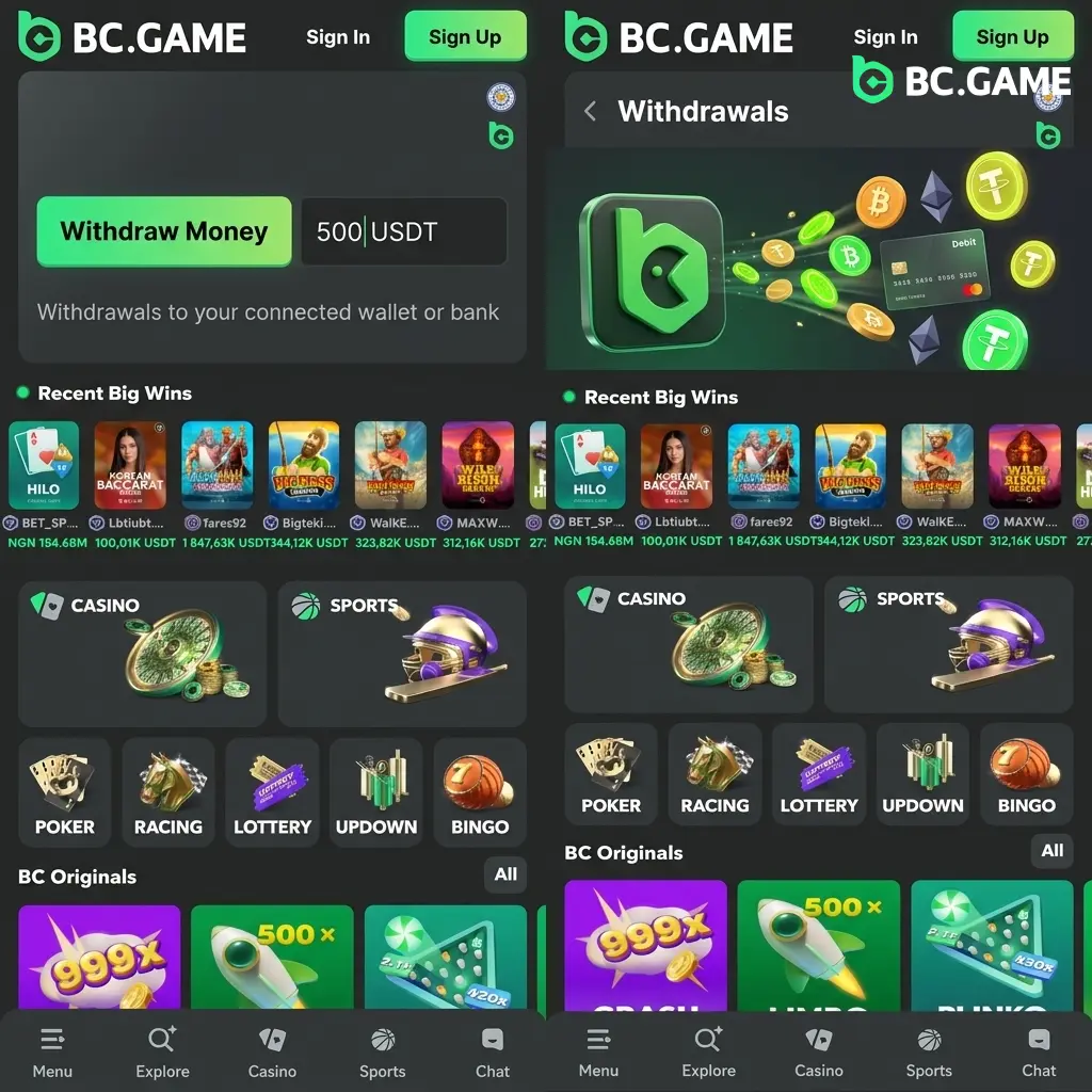 BC Game app withdrawal methods for India showing UPI, crypto options, limits, and processing times