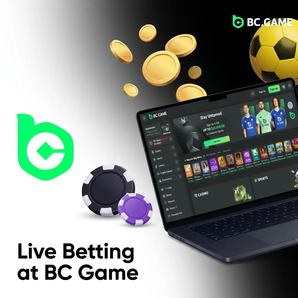 BC Game live betting interface showing in-play odds, live streaming, stats panel, and cashout options across 20+ sports